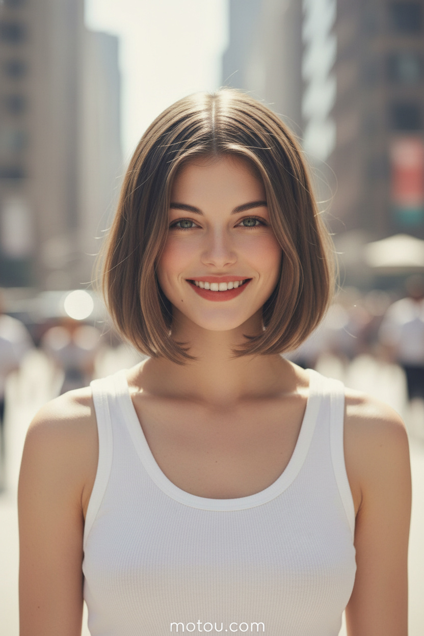 Upper body hair close-up, sleek yet soft middle-part Soft French Bob, glossy ash brown hair color. Model wears a white ribbed summer tank top against a soft sunlit clean background, exuding a fresh, glowing "clean girl" smile.