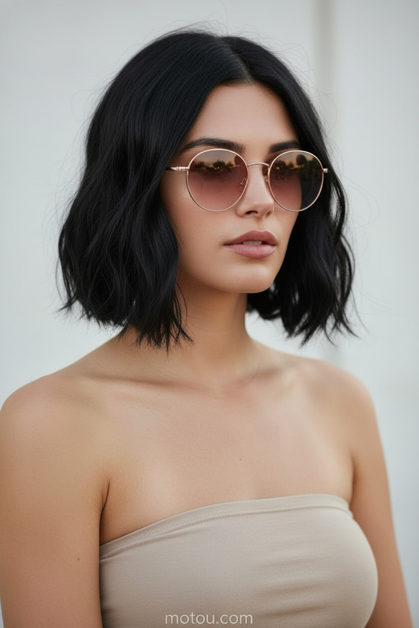 Upper body hair close-up, subtly textured Soft French Bob with hydrated ends, soft natural black hair color. She wears a neutral beige summer tube top, pristine clean minimalist background, showing a calm and pure expression.