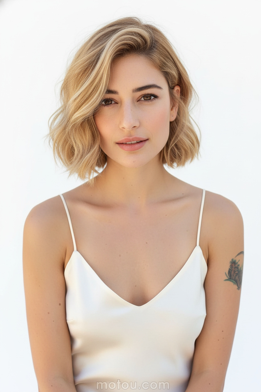 Upper body hair close-up, slightly tucked-back Soft French Bob, warm honey blonde hair color. Model wears an elegant silk summer slip dress, clean bright white background, gazing softly into the lens.