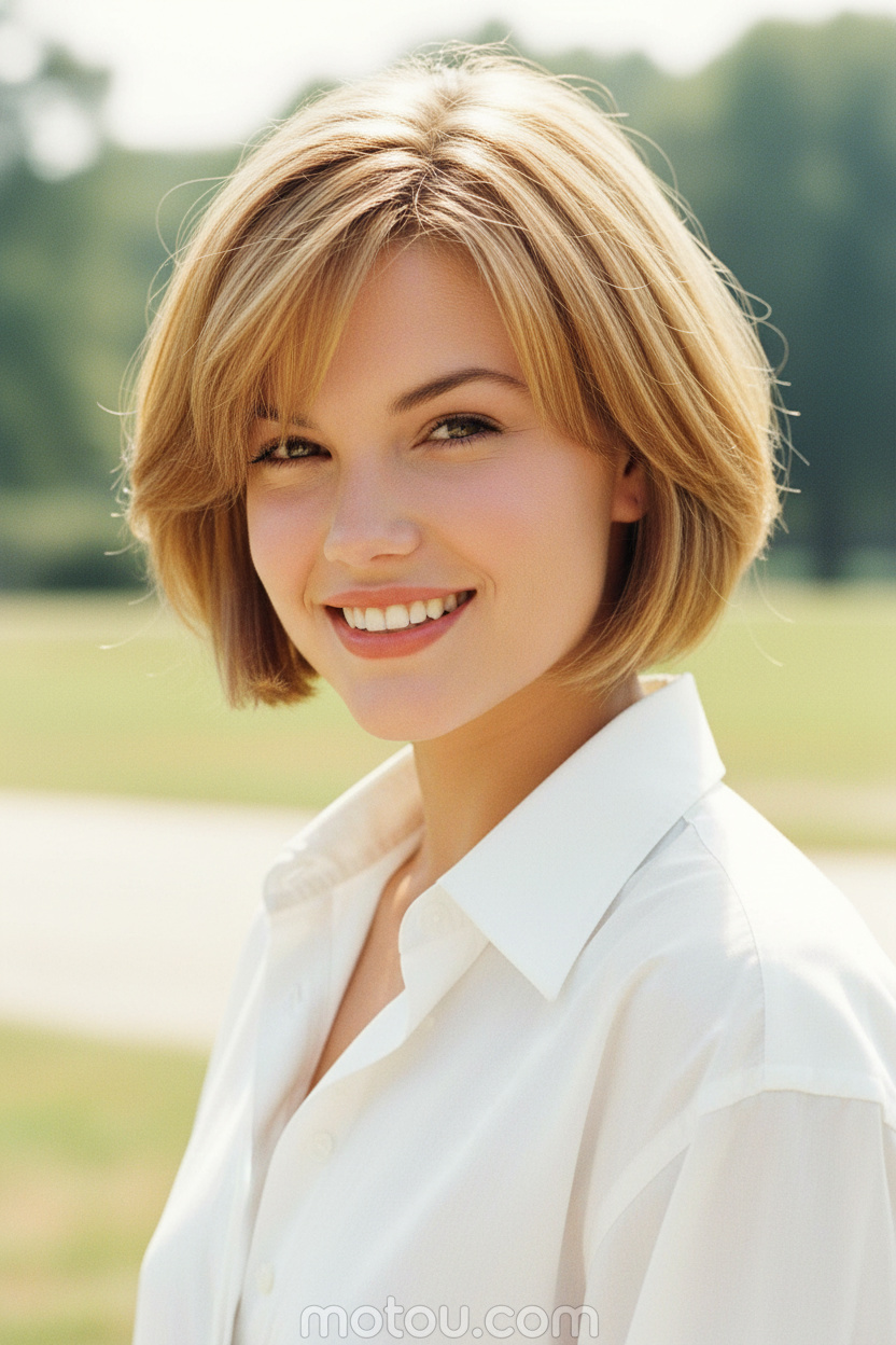 Upper body hair close-up, fresh Soft French Bob with a soft side-sweep, light chestnut hair color. Model wears a crisp white poplin summer shirt, clean sunny outdoor-like background, showing a vibrant and energetic smile.
