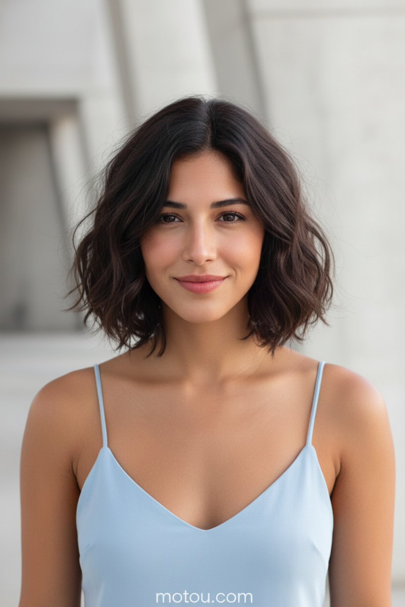 Upper body hair close-up, texturized short Soft French Bob with natural kinks, rich espresso brown hair color. She wears a pastel blue summer spaghetti strap top, pristine clean architectural background, looking highly confident and relaxed.