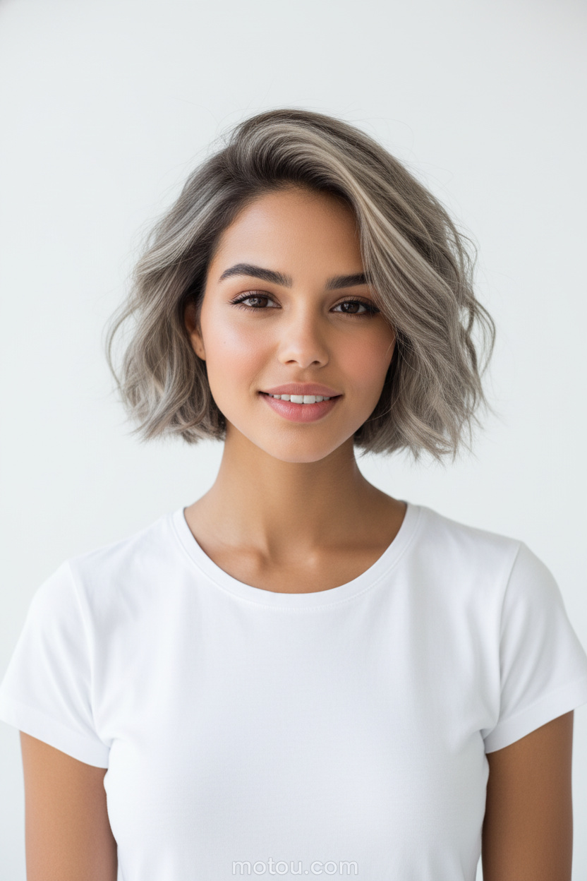 Upper body hair close-up, piecey air-dried Soft French Bob, mushroom blonde hair color. Model wears a high-quality simple white summer tee, clean bright studio background, flashing a casual and authentic smile.