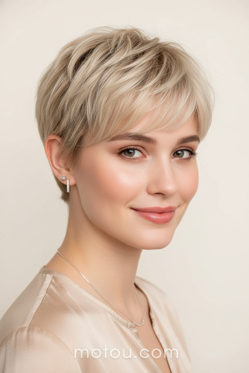 Nahaufnahme eines Models mit einem weich texturierten, blonden, luftigen Pixie-Schnitt, das minimalistische silberne Ohrstecker, eine zarte Halskette und eine seidige beige Bluse trägt und sanft lächelnd vor einem sauberen, cremefarbenen Hintergrund posiert.