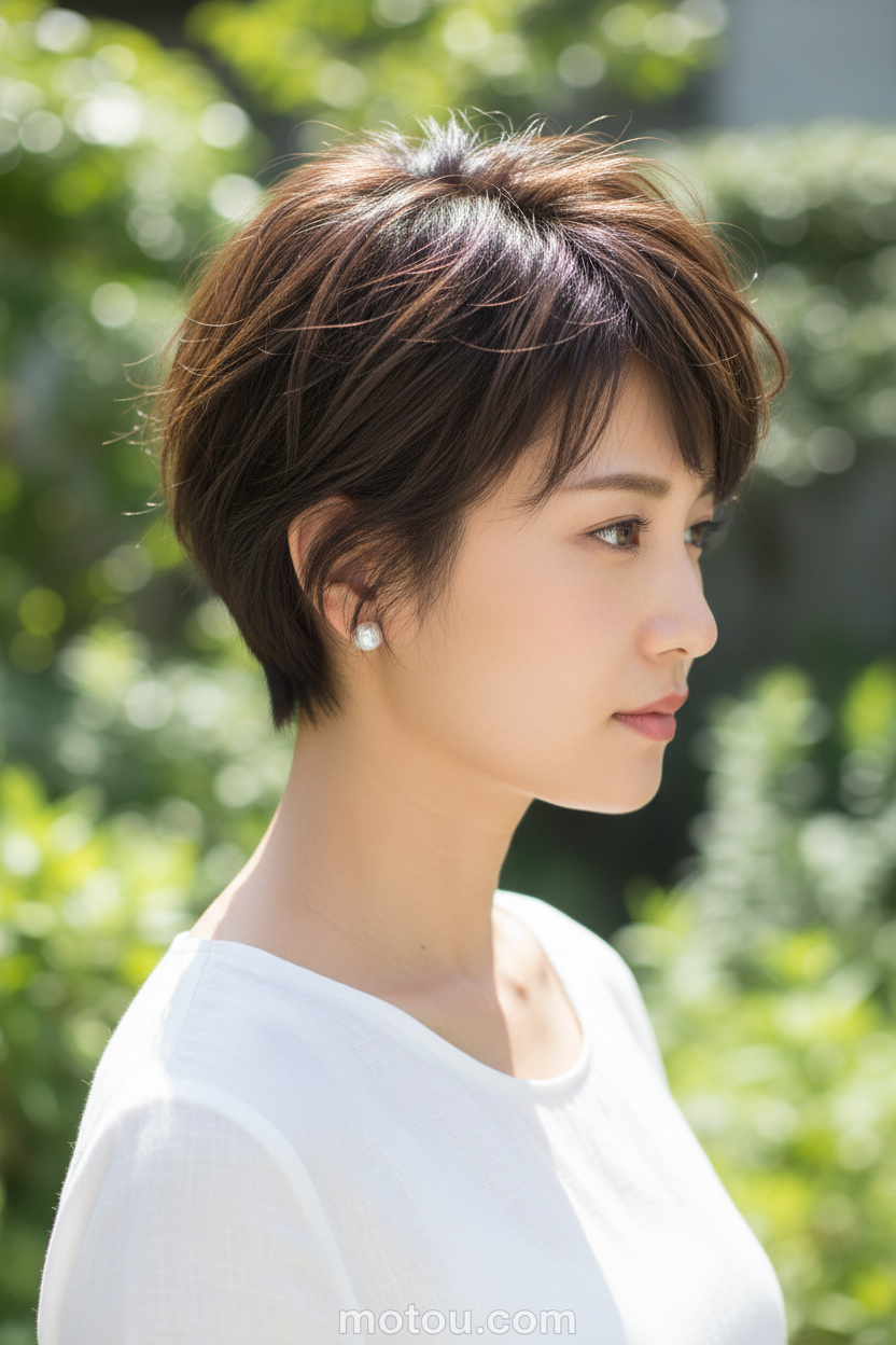Seitenprofil-Nahaufnahme eines Models mit einem dunkelbraunen, wispy Pixie-Schnitt mit zartem, gesichtsrahmendem Pony, das Perlenohrringe und ein einfaches weißes Leinen-T-Shirt trägt und in einem sonnigen Garten mit einem weichgezeichneten grünen Hintergrund steht.
