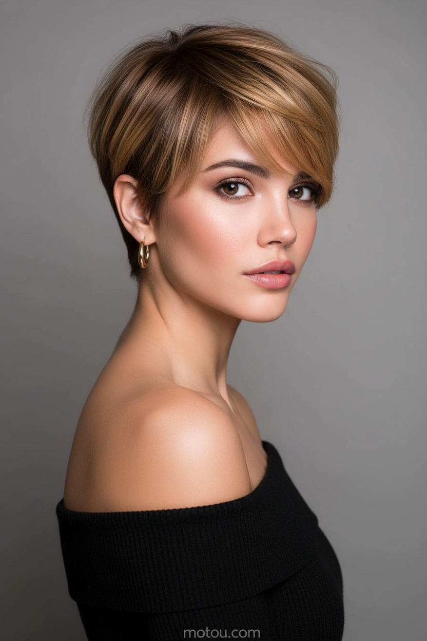 Halb gedrehte Pose eines Models, das einen warm karamellfarbenen Pixie mit weicher Textur und dezentem Undercut zeigt, Goldohrringe trägt, ein schwarzes Strick-Oberteil mit Neckholder-Ausschnitt und selbstbewusst in die Kamera blickt, vor einem neutralen grauen Studiohintergrund.