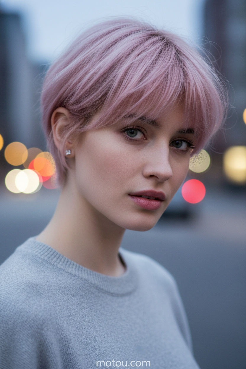 Nahaufnahme eines Models mit einem pastellrosa, wispy Pixie-Schnitt mit unordentlicher, weicher Textur, winzigen Kristall-Ohrsteckern, einem hellgrauen Rundhals-Pullover und einem ruhigen Ausdruck in einer urbanen Außenumgebung mit verschwommenen Stadtlichtern.