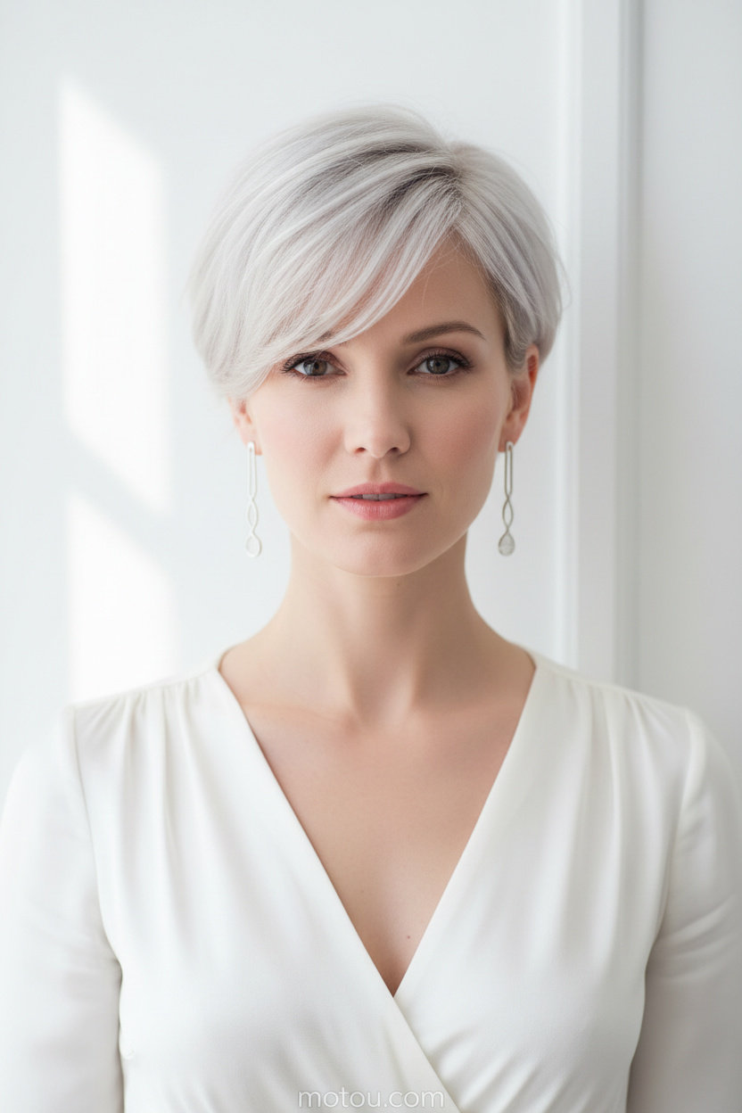 Frontale Nahaufnahme eines Models mit einem platinblonden, luftigen Pixie-Schnitt mit seitlich geschwungenem Pony, eleganten silbernen Hängeohrringen, einem weißen Seidenkleid mit V-Ausschnitt, das ruhig und gelassen vor einer minimalistischen weißen Wand wirkt.
