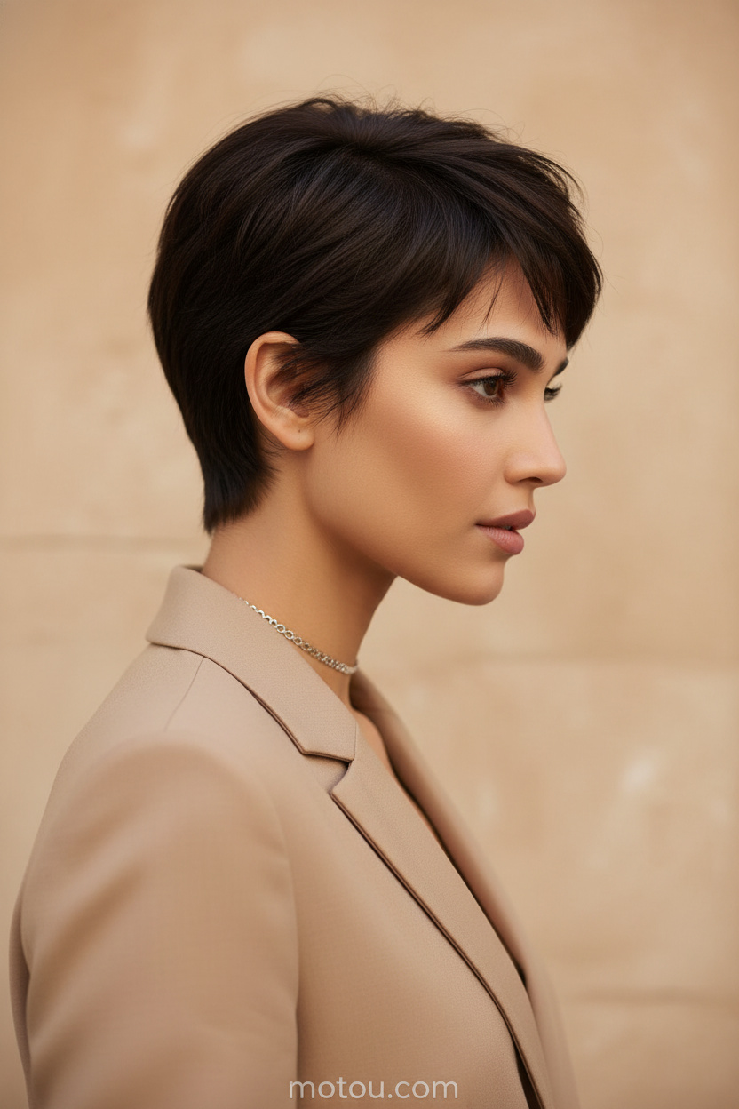 Seitenansicht eines Models mit einem dunkel-espressofarbenen, wispy Pixie-Schnitt, hinten glatt gestylt mit wispy, weicher Textur um das Gesicht, das eine zarte silberne Choker-Kette und einen maßgeschneiderten beigen Blazer trägt, mit nachdenklichem Ausdruck vor einem sauberen, warm getönten beigen Hintergrund.