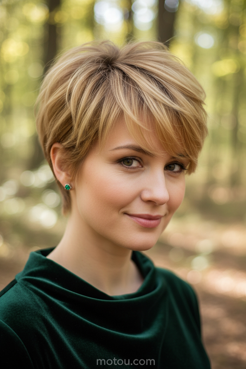 Nahaufnahme eines Models mit einem goldenen Honig-Bixie-Schnitt mit reicher weicher Textur, das Smaragd-Ohrstecker und ein dunkelgrünes Samt-Oberteil trägt und mit einem sanften Lächeln vor einem weichgezeichneten Waldhintergrund posiert.