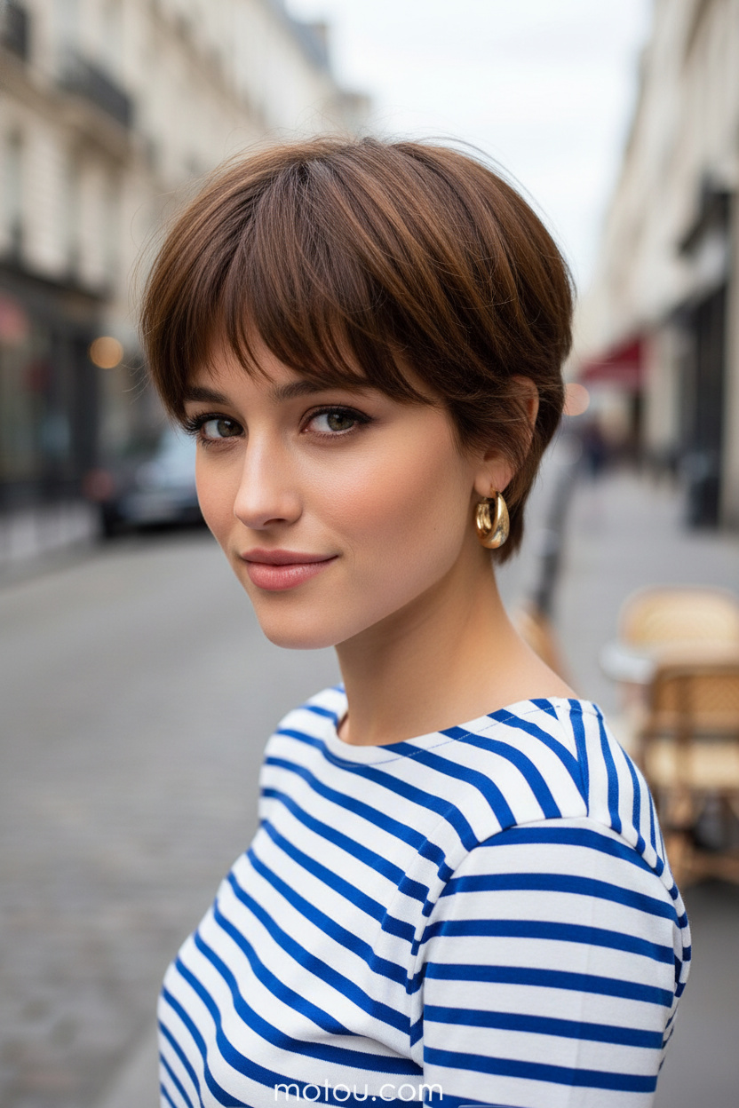 Nahaufnahme eines Models mit einem französisch inspirierten, kastanienbraunen, luftigen Pixie-Schnitt mit kurzen, wispy Bangs, das Retro-Goldohrringe und ein gestreiftes französisches Breton-Shirt trägt und mit einem verspielten und schicken Ausdruck vor einem Pariser Straßenhintergrund in Weichzeichner wirkt.