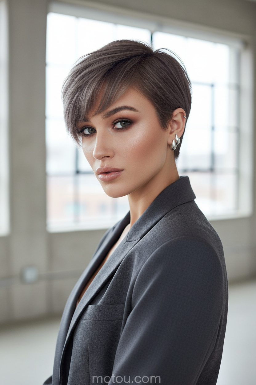 Nahaufnahme eines Models mit einem kühltonigen, aschbraunen, asymmetrischen Pixie-Schnitt mit weicher Textur, das einen modernen silbernen Manschettenohrring und einen strukturierten anthrazitfarbenen Blazer trägt und mit einem selbstbewussten, modernen Ausdruck in einem sauberen Loft-Innenraum posiert.