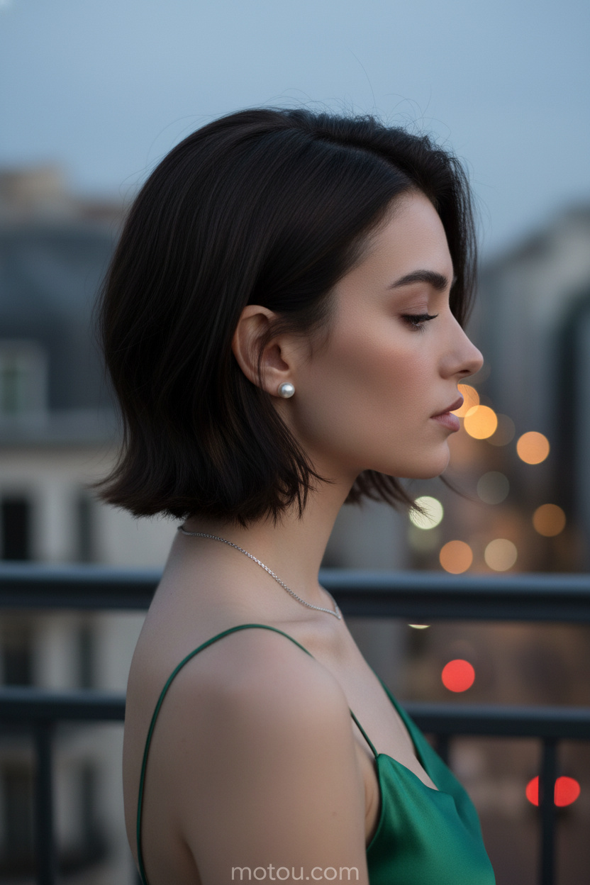 2. Sleek Grown-Out Pixie with Side Sweep Side profile of a model showing a dark espresso brown grown-out pixie cut styled sleekly behind the ears, wearing pearl stud earrings, a delicate silver collar necklace, and a silk emerald green slip top, with a calm expression against a soft-focus urban balcony background at dusk.