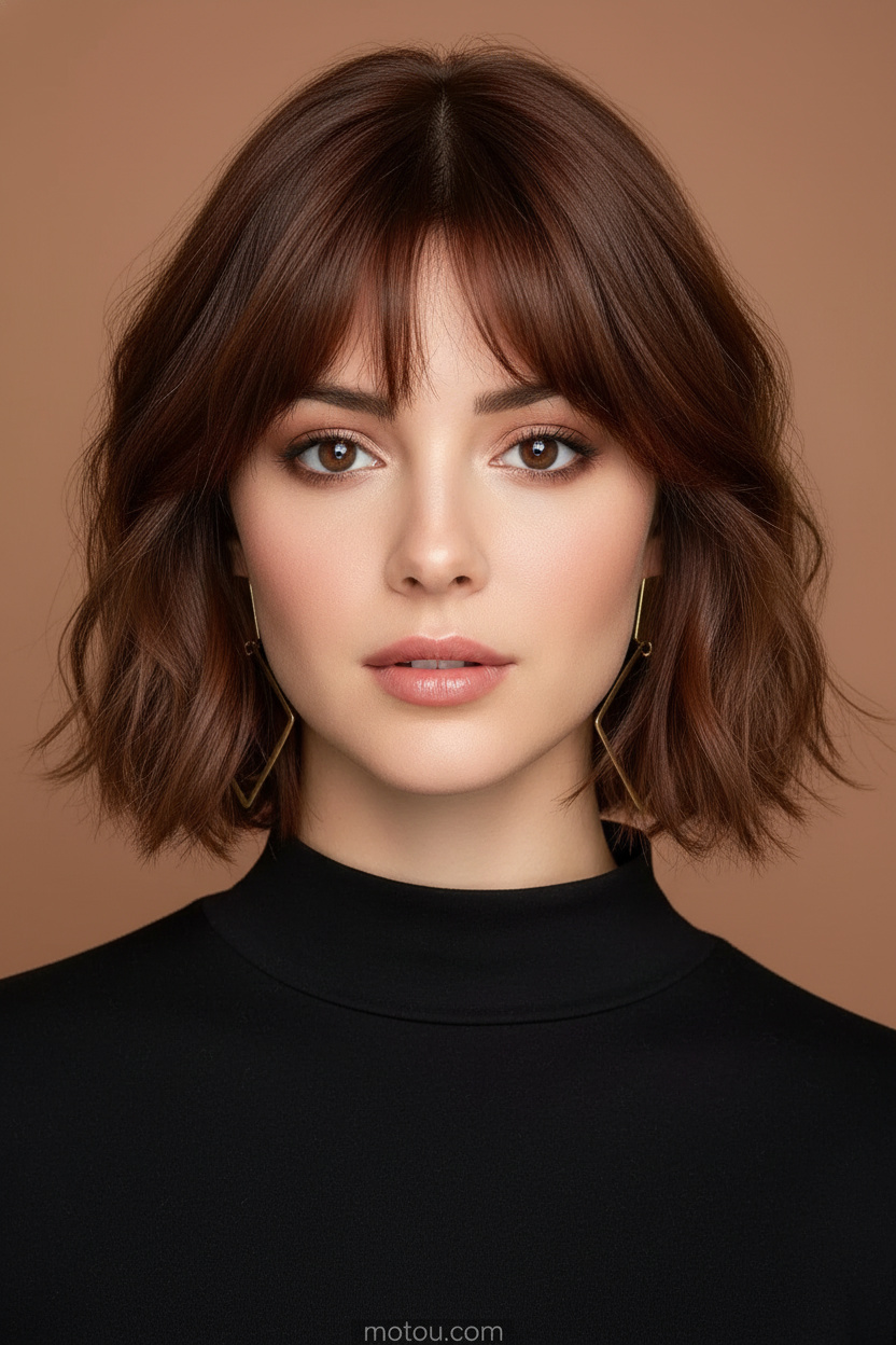 3. Wavy Pixie Bob with Curtain Bangs Front view of a model with a wavy chestnut brown pixie bob featuring soft curtain bangs, wearing geometric brass earrings and a simple black high-neck top, looking directly at the camera with a neutral expression against a clean clay-toned backdrop.