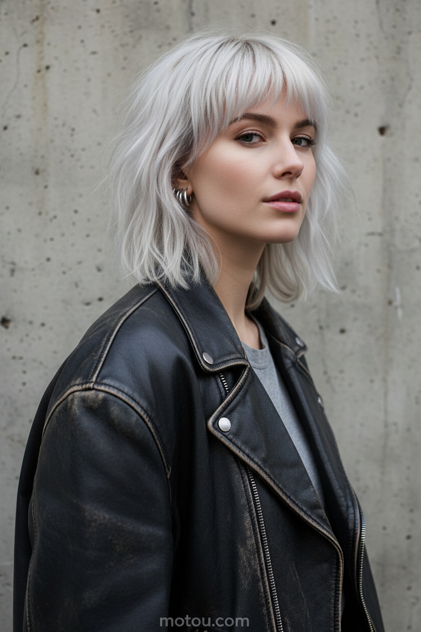 4. Shaggy Blonde Bixie with Micro Bangs Close-up of a model's upper body with a shaggy platinum blonde bixie cut and micro-bangs, wearing a modern silver industrial ear cuff, dressed in an oversized vintage leather jacket, looking cool and confident against a textured concrete wall scene.