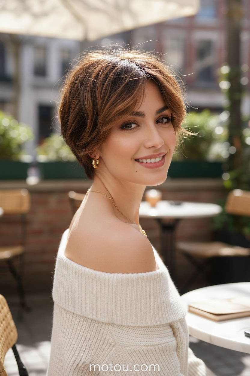5. Sun-Kissed Grown-Out Pixie with Highlights Half-turn pose of a model showing a caramel-highlighted brown grown-out pixie cut with tousled texture, wearing small gold hoop earrings, a dainty initial necklace, and a knit off-the-shoulder cream sweater, smiling in a sunlit outdoor cafe setting.