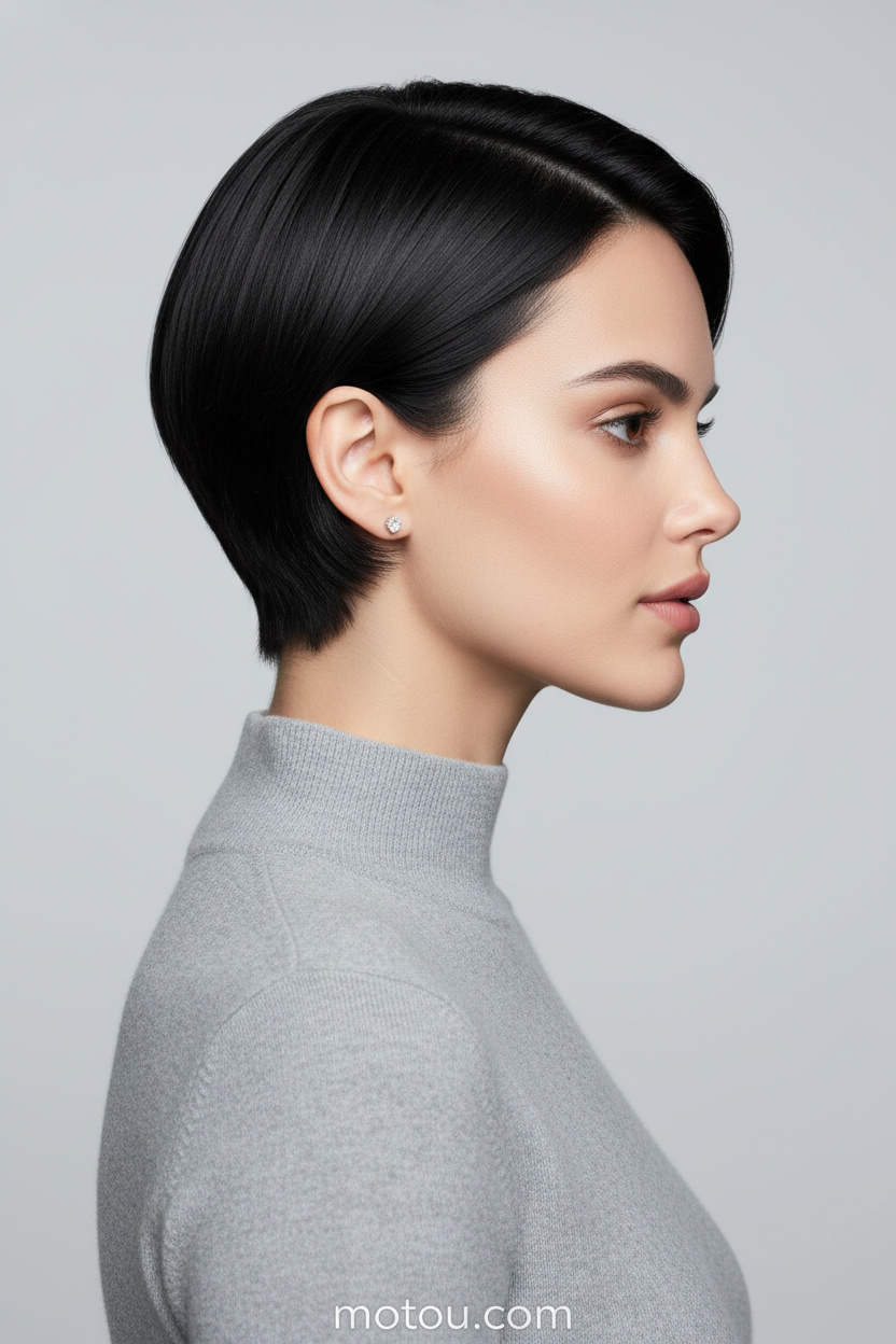 6. Minimalist Straight Pixie Bob Close-up profile of a model with a straight, jet-black pixie bob with sharp, clean-cut lines around the nape, wearing minimalist diamond studs, a mock-neck gray cashmere sweater, with a serene expression against a solid pale gray background.