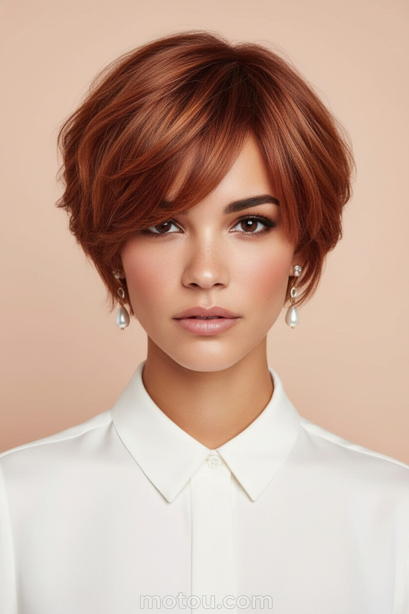 8. Voluminous Copper Pixie Bob Frontal portrait of a model with a voluminous warm copper-colored pixie bob with heavy side-swept fringe, wearing pearl-drop earrings and an elegant white silk blouse, looking poised against a soft pastel peach studio background.