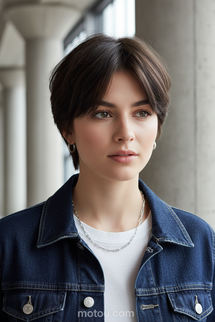 9. Wispy Layered Grown-Out Pixie Close-up of a model featuring a dark brown grown-out pixie cut with thin, wispy ends, wearing a silver chain-link necklace, small silver hoops, and a dark denim jacket over a white tee, looking casually away from the camera in a modern loft interior with concrete pillars.