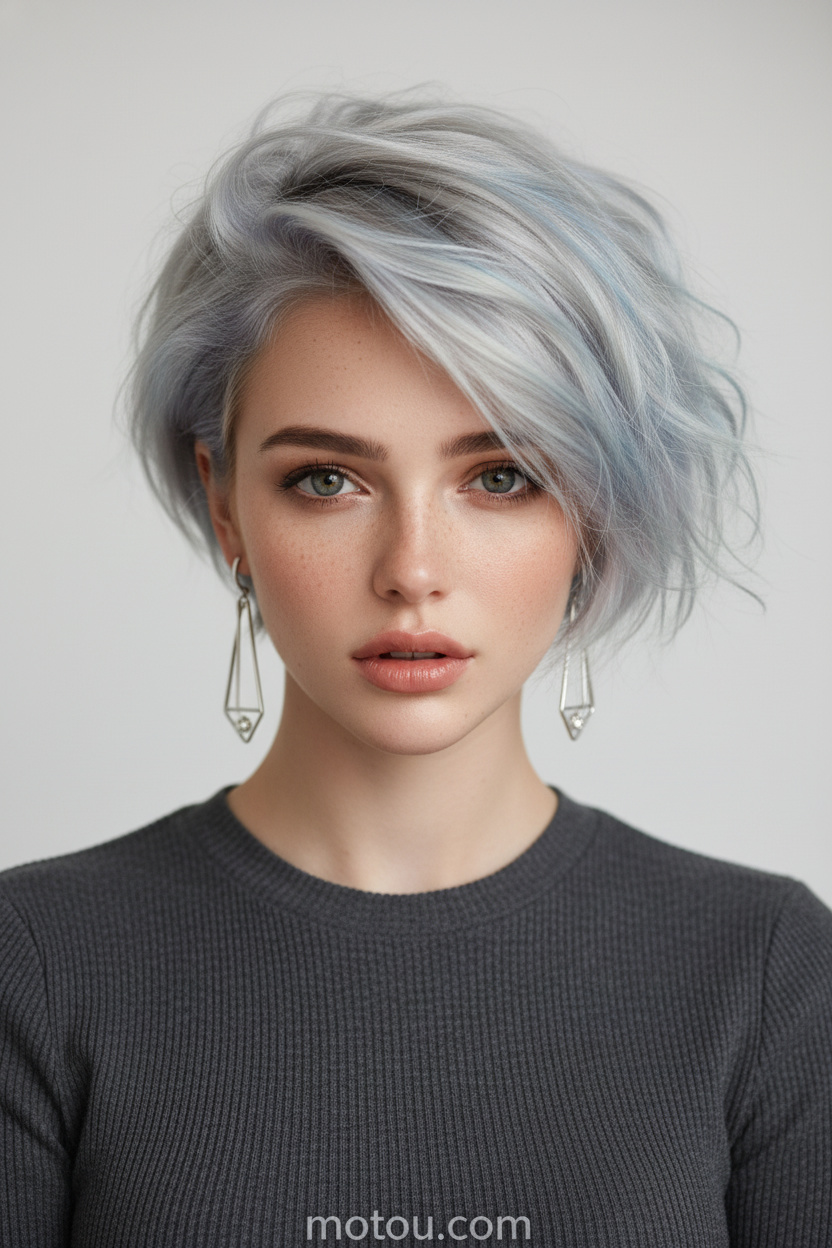 10. Tousled Silver Blue Bixie Portrait close-up of a model with a tousled silver bixie cut tinted with pastel blue highlights, wearing geometric silver earrings, a fitted charcoal gray ribbed knit top, looking confidently at the camera against a neutral studio backdrop.