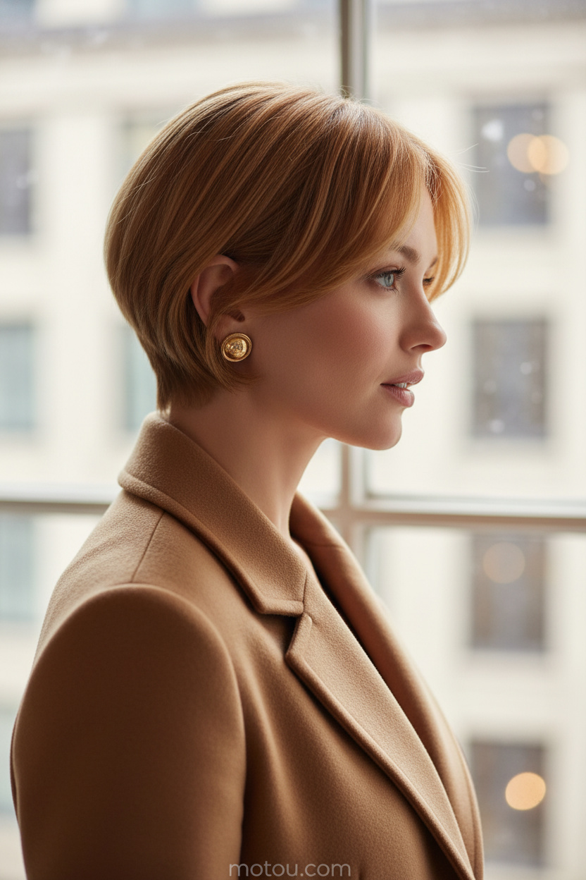 11. Side-Parted Smooth Pixie Bob Side-view close-up of a model showcasing a smooth, warm sandy blonde pixie bob styled with a deep side part, wearing vintage gold button earrings, dressed in a sleek camel wool coat, with a thoughtful expression near a soft-focus urban window.