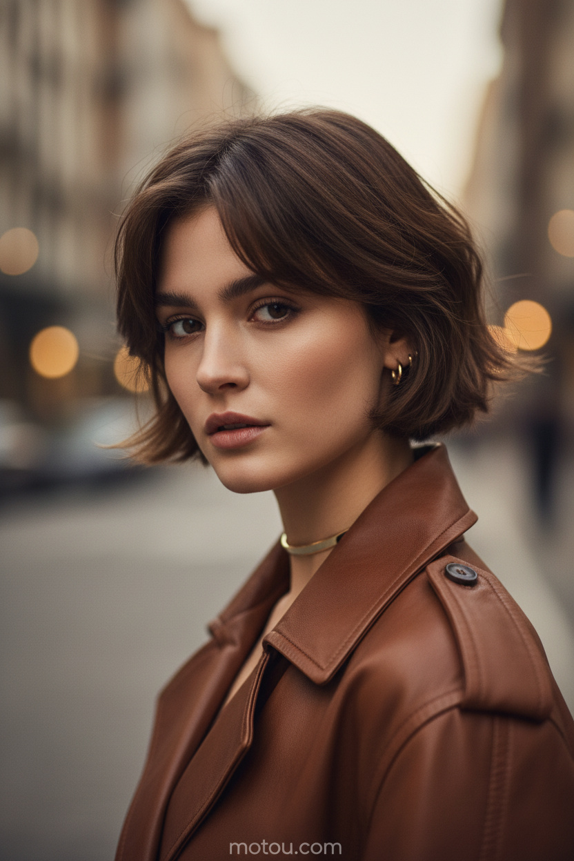 12. 90s Retro Grown-Out Pixie Close-up of a model with a chocolate brown grown-out pixie cut featuring flipped-out ends in a 90s style, wearing small gold hoops, a delicate gold collar necklace, and a brown leather trench coat, looking chic in a blurred vintage city street setting.