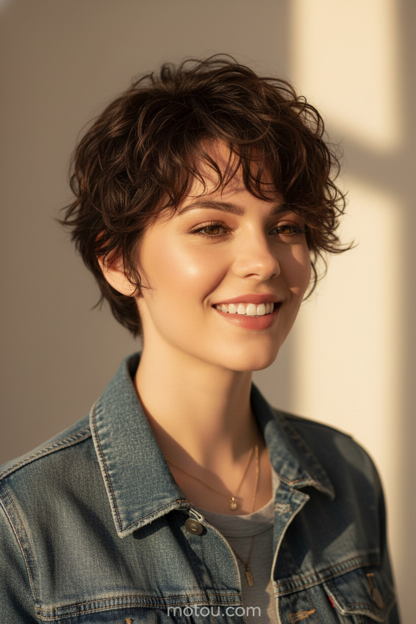 Kopfshot eines brünetten Models mit natürlichen Locken, gestylt zu einem weich texturierten Pixie, das eine goldene Halskette und eine lässige Jeansjacke trägt und in einer warmen, sonnigen Studio-Umgebung hell lächelt.