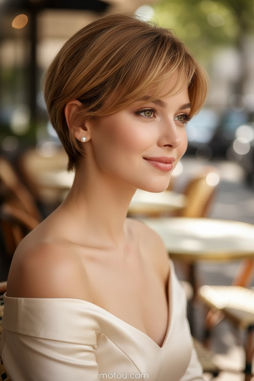 Close-up of a model's upper body showcasing a warm honey-blonde soft romantic pixie with wispy bangs. She wears delicate pearl stud earrings and a cream-colored silk dress. Set on a sunlit Parisian café patio with blurred bistro tables in the background, she looks off-camera with a soft, serene smile.