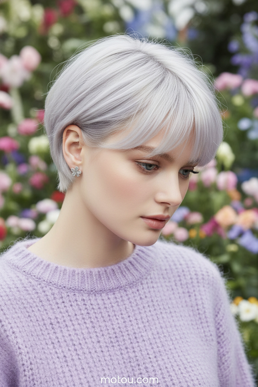 Upper body detail of a model with an icy platinum-blonde feathered pixie cut. She wears minimalist silver flower-shaped stud earrings and a soft lavender knit sweater. Posed in a lush botanical garden with blooming flowers softly blurred behind her, she looks down thoughtfully with a gentle expression.