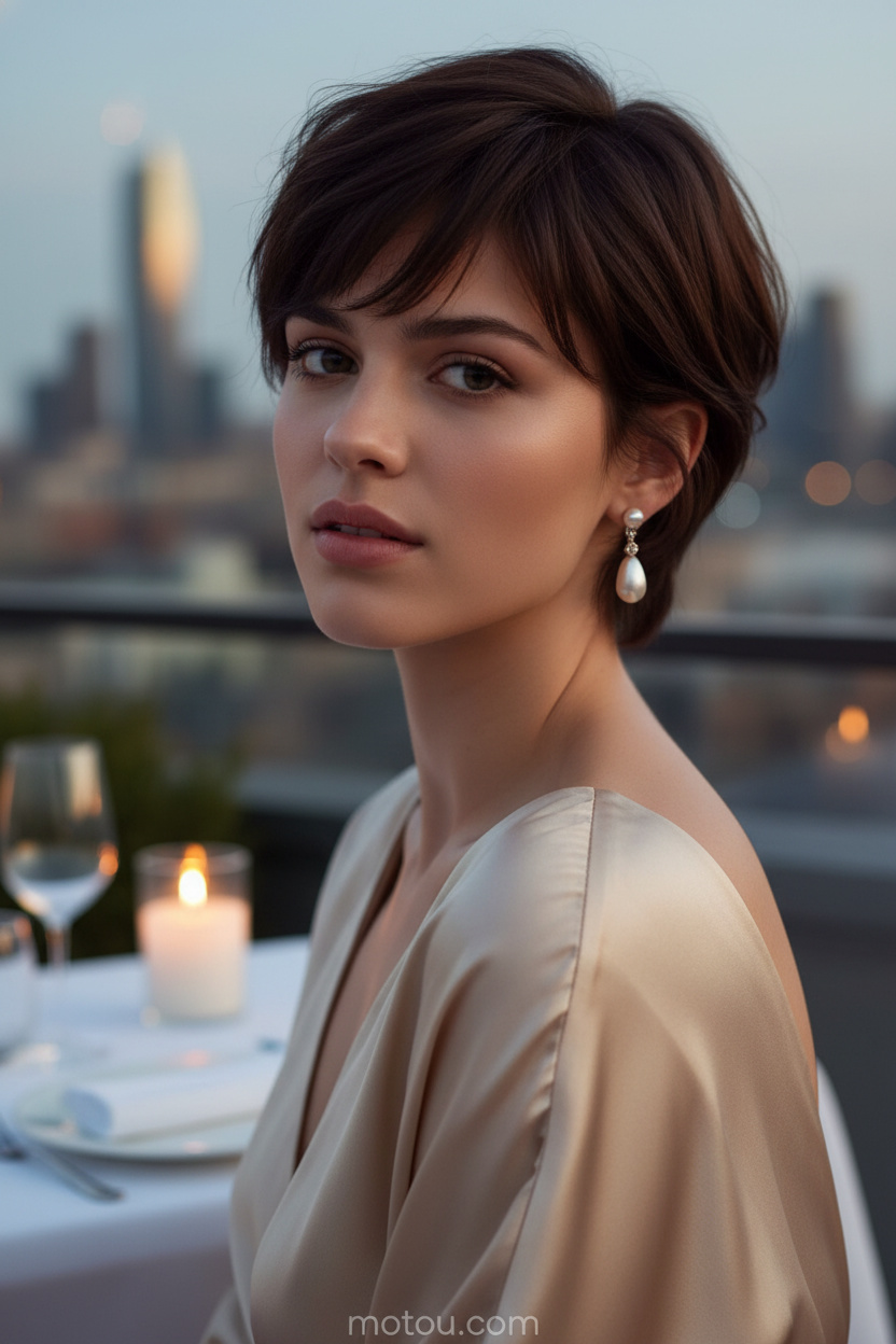 Close-up of a model showcasing a rich dark chocolate romantic pixie with soft, face-framing tendrils. She wears elegant drop-stud pearl earrings and a champagne silk gown. Set on a scenic rooftop restaurant at dusk with flickering candlelight and a blurred city skyline, she looks toward the camera with a dreamy, romantic expression.