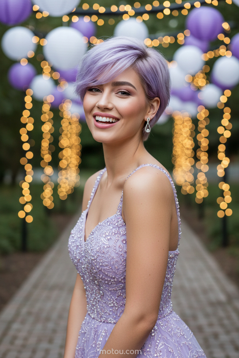 一位模特的上半身，展示了一款柔美的薰衣草色飄逸精靈短髮，帶有精緻的臉部修飾髮片。她佩戴簡約的銀色水滴形耳釘和一件淡紫色串珠晚禮服。背景是裝飾著紙燈籠和串串彩燈的風景如畫的花園走道，她帶著快樂、興奮的表情看向前方。
