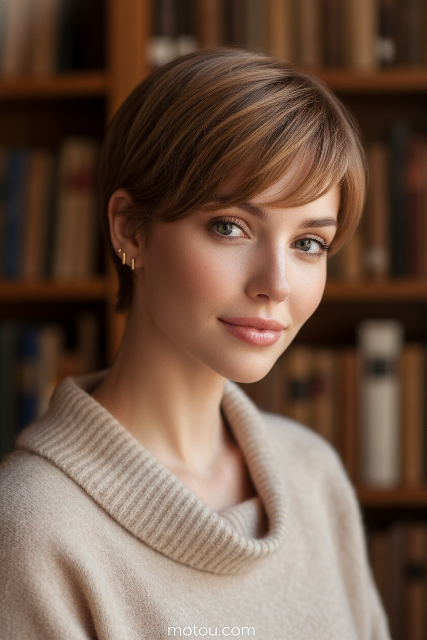 Close-up of a model's upper body featuring a light chestnut brown soft pixie with rounded layers. She wears tiny gold bar stud earrings and a cozy beige cashmere knit sweater. Set in a warm, dimly lit library with rows of books in the background, she looks toward the camera with a relaxed, warm expression.