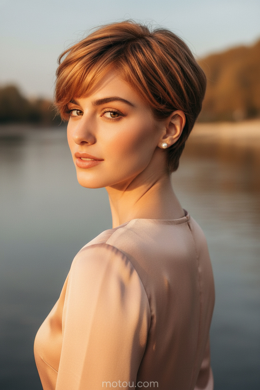 Upper body of a model with a warm copper-gold romantic pixie, styled with soft, touchable waves. She wears sparkling diamond stud earrings and a soft peach silk dress. Posed by a scenic riverside during golden hour with a warm sunset glow, she looks back over her shoulder with a gentle gaze.
