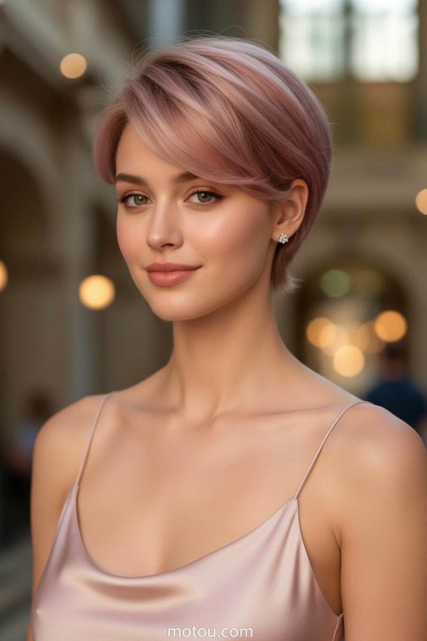Upper body of a model with a soft champagne-pink tinted romantic pixie. She wears small sparkling crystal stud earrings and a pale pink silk dress. Posed in an elegant concert hall foyer with warm architectural lighting, she stands poised with a gentle, polite smile.