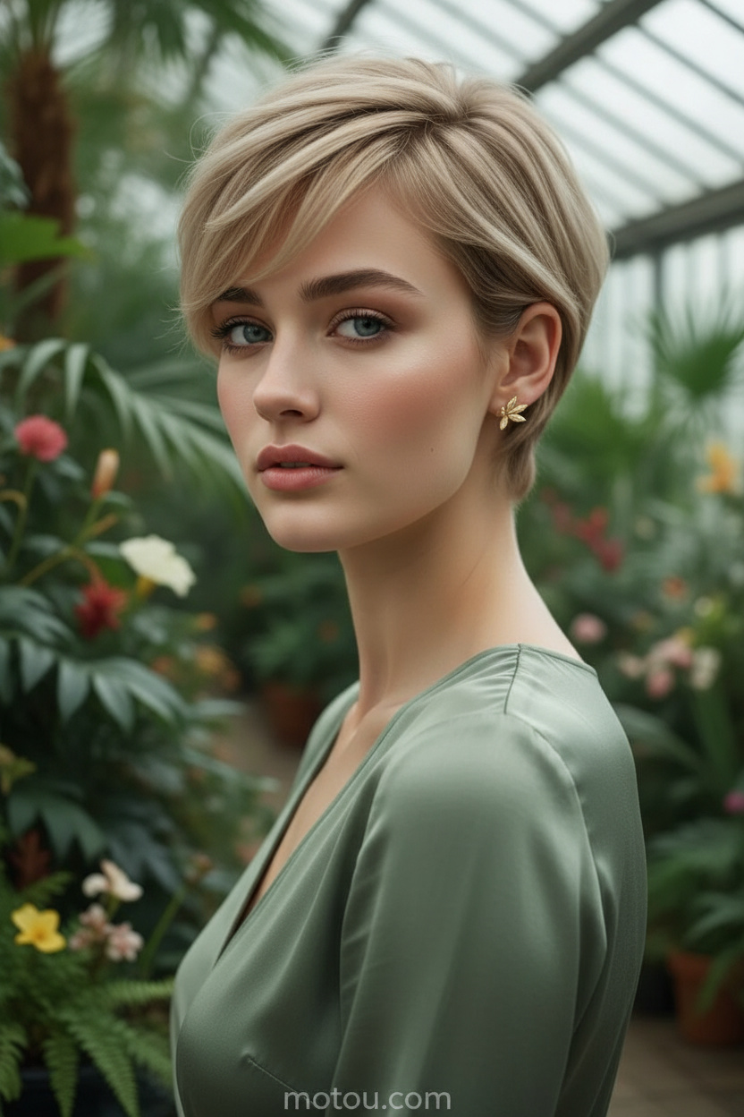 Upper body of a model featuring a soft beige-blonde romantic crop. She wears tiny leaf-shaped gold stud earrings and a sage green silk dress. Posed inside a lush greenhouse conservatory surrounded by tropical plants and soft natural light, she looks forward with a calm, serene expression.