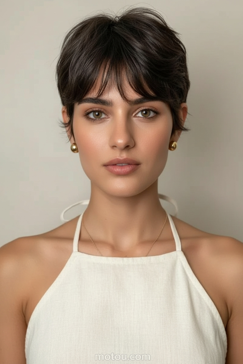 Nahaufnahme des Oberkörpers eines Models, das einen klassischen, kinnlangen kastanienbraunen Bixie-Schnitt mit texturierten, wispy Enden zeigt. Sie trägt goldene Kugelkopf-Ohrstecker und ein elfenbeinfarbenes Leinen-Halstuchoberteil. Vor einem sauberen, schlichten beigen Studiohintergrund blickt sie ruhig und gelassen direkt in die Kamera.