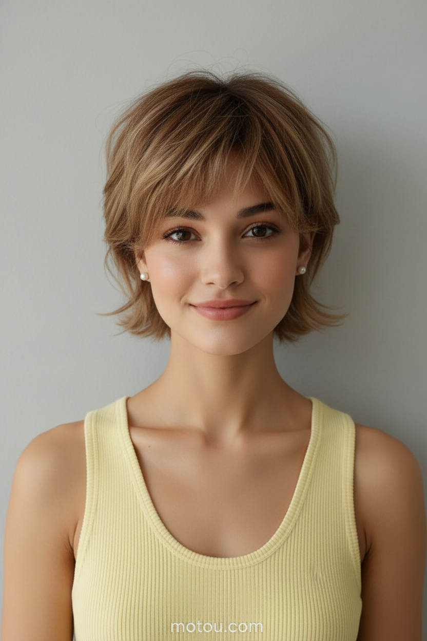 Detailaufnahme des Oberkörpers eines Models mit einem honigblonden Transition-Pixie, bei dem längere Seitenpartien sanft hinter die Ohren gesteckt sind. Sie trägt winzige Perlenohrstecker und ein pastellgelbes geripptes Tanktop. Vor einer sauberen, weichgrauen minimalistischen Wand posiert sie mit einem sanften, entspannten Lächeln nach vorne blickend.