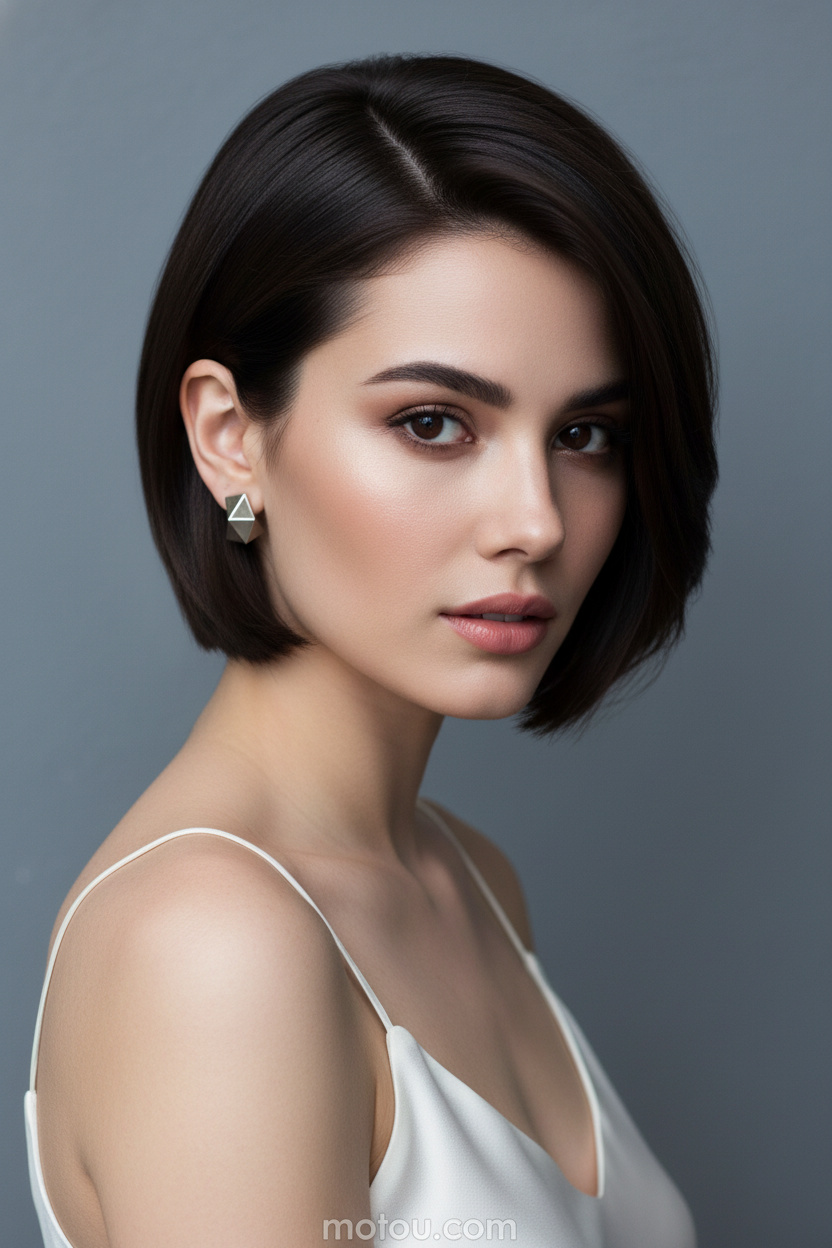 Nahaufnahme eines Models mit einem glatten, dunkel-espressofarbenen Bixie-Schnitt, gestylt mit tiefem Seitenscheitel und hochglänzender Oberfläche. Sie trägt geometrische Platin-Ohrstecker und ein weißes Seiden-Camisole. Vor einem sauberen, minimalistischen schiefergrauen Hintergrund blickt sie mit einem selbstbewussten, neutralen Ausdruck nach vorne.

