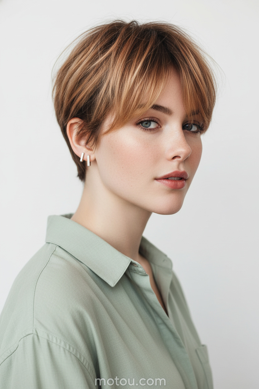 Oberkörper eines Models mit einem kupferfarbenen Transition-Pixie, mit langen, texturierten, wispy Fransen, die die Augenbrauen streifen. Sie trägt Sterling-Silber-Stab-Ohrstecker und eine hell-salbeigrüne Baumwollbluse. Vor einem sauberen, cremeweißen Studiohintergrund blickt sie mit einem nachdenklichen, entspannten Ausdruck leicht zur Seite.
