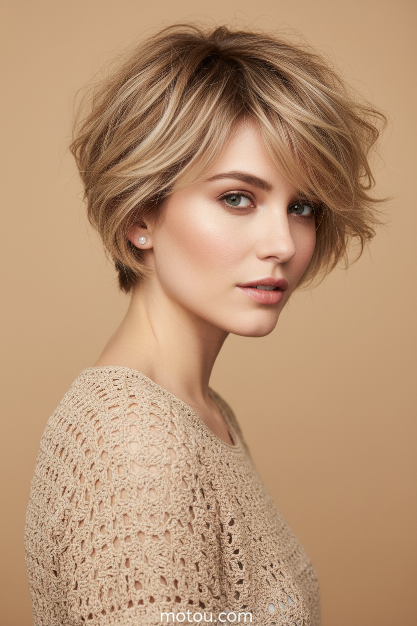 Nahaufnahme eines Models, das einen sandblonden, zerzausten Bixie-Bob mit stark texturierten Schichten zeigt. Sie trägt Opal-Ohrstecker und ein beiges gehäkeltes Sommeroberteil. Vor einem sauberen, schlichten sandfarbenen Hintergrund posiert sie mit einem entspannten, mühelosen Ausdruck zur Seite blickend.
