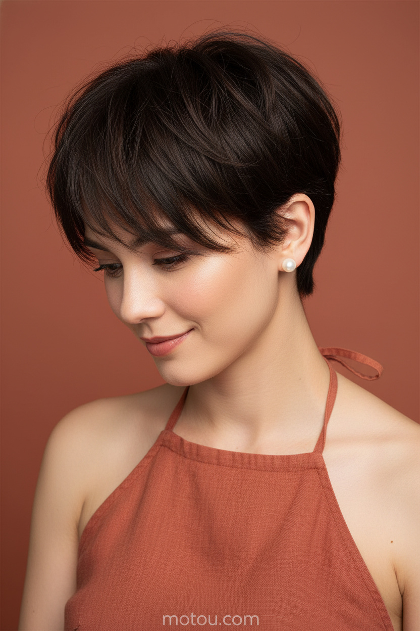 Nahaufnahme eines Models, das einen tiefbraunen Transition-Pixie mit einem schmal zulaufenden Nacken und einem langen Frontpony zeigt. Sie trägt klassische Perlenohrstecker und ein terrakottafarbenes Leinen-Halstuchoberteil. Vor einem sauberen, terrakottafarbenen Studiohintergrund blickt sie nachdenklich mit einem sanften Lächeln nach unten.
