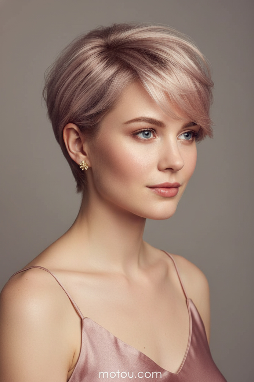 Oberkörper eines Models mit einem sanft roségoldfarbenen Bixie mit zarten, federartigen Schichten. Sie trägt goldene blumenförmige Ohrstecker und ein staubrosafarbenes Seiden-Camisole. Vor einem sauberen, warmgrauen Hintergrund blickt sie mit einem sanften, ruhigen Ausdruck leicht zur Seite.
