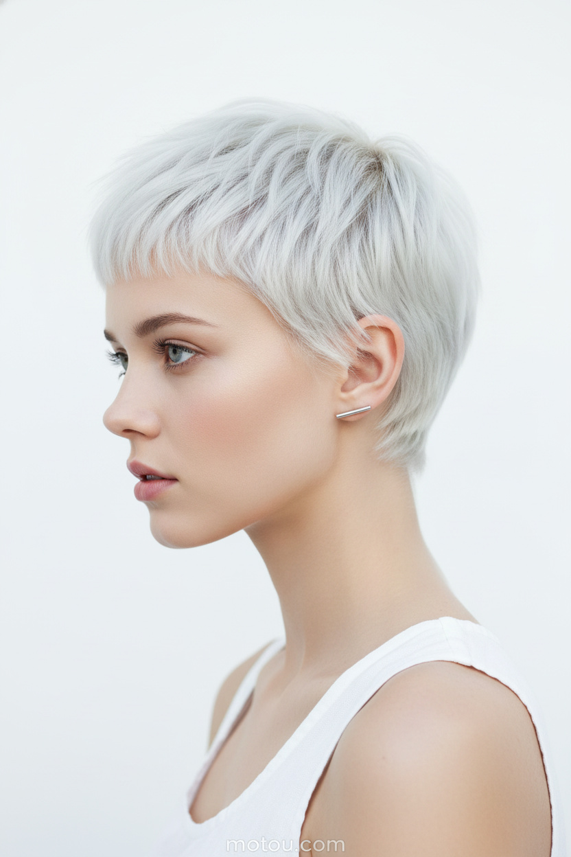 Nahaufnahme im Profil eines Models mit einem eisplatinfarbenen Transition-Pixie mit pièce-Textur und Mikro-Pony. Sie trägt winzige silberne Stab-Ohrstecker und ein weißes Leinen-Tanktop. Vor einem sauberen, reinweißen Hintergrund blickt sie mit einem distanzierten, High-Fashion-Ausdruck nach vorne.
