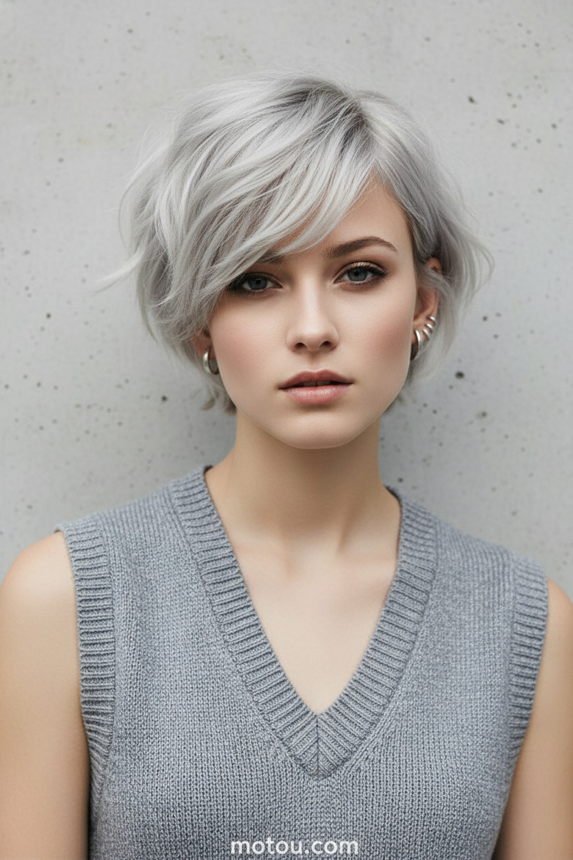 Oberkörper eines Models mit einem matten aschblonden Bixie mit dekonstruierten, zerzausten Spitzen. Sie trägt minimalistische silberne Ohrstecker und eine graue Sommer-Strickweste. Vor einem sauberen, schlichten, betonfarbenen Hintergrund posiert sie mit einem neutralen, kühlen Ausdruck nach vorne blickend.
