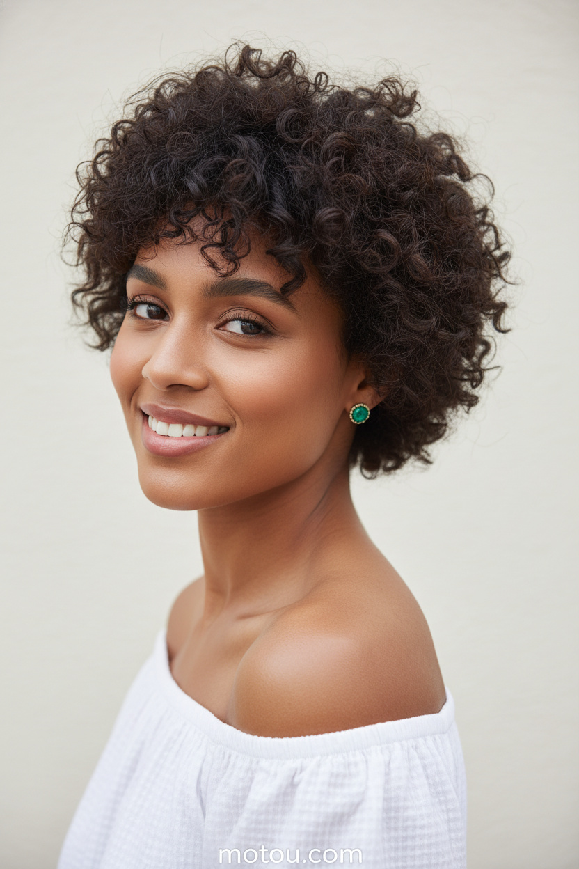 Nahaufnahme eines Models mit natürlichen, dunkelbraunen Locken, die zu einem voluminösen Bixie-Schnitt gestylt sind. Sie trägt smaragdgrüne Ohrstecker und ein weißes Baumwoll-Oberteil mit Carmen-Ausschnitt. Vor einem sauberen, hellcremefarbenen Hintergrund blickt sie mit einem selbstbewussten, glücklichen Ausdruck nach vorne.
