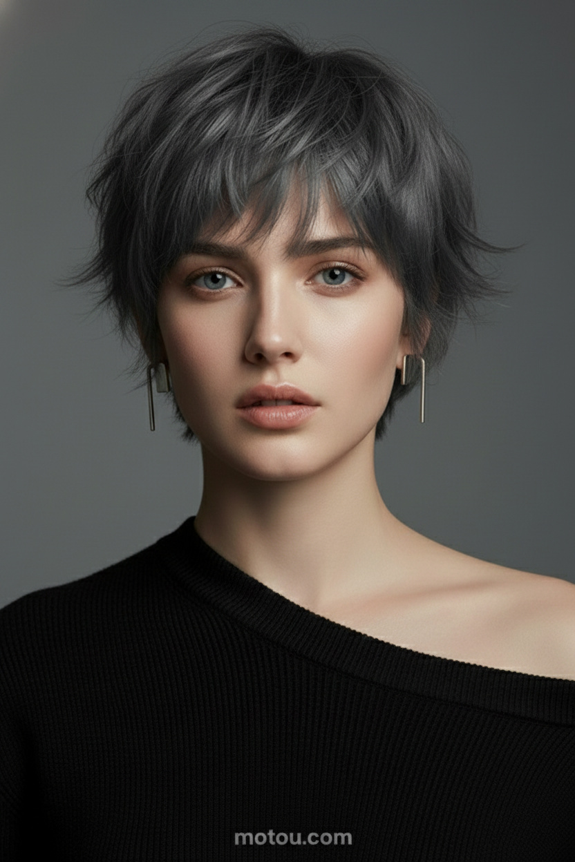 Oberkörper eines Models mit einem matten anthrazitgrauen, dekonstruierten Bixie mit zerzausten Schichten. Sie trägt minimalistische geometrische Platin-Ohrstecker und ein schwarzes asymmetrisches Sommer-Strickoberteil. Vor einem sauberen, schlichten anthrazitgrauen Studiohintergrund blickt sie mit einem kühnen, ruhigen Ausdruck direkt in die Kamera.

