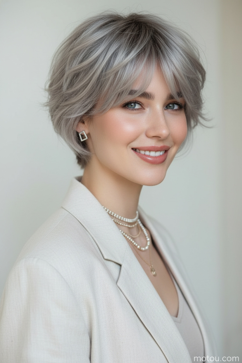 Oberkörperporträt einer Frau mit einer silber-aschfarbenen Bixie-Frisur, geometrischen Stecker-Ohrringen, einem modernen Sommer-Modeoutfit, einem sauberen, minimalistischen Hintergrund und einem selbstbewussten Lächeln.