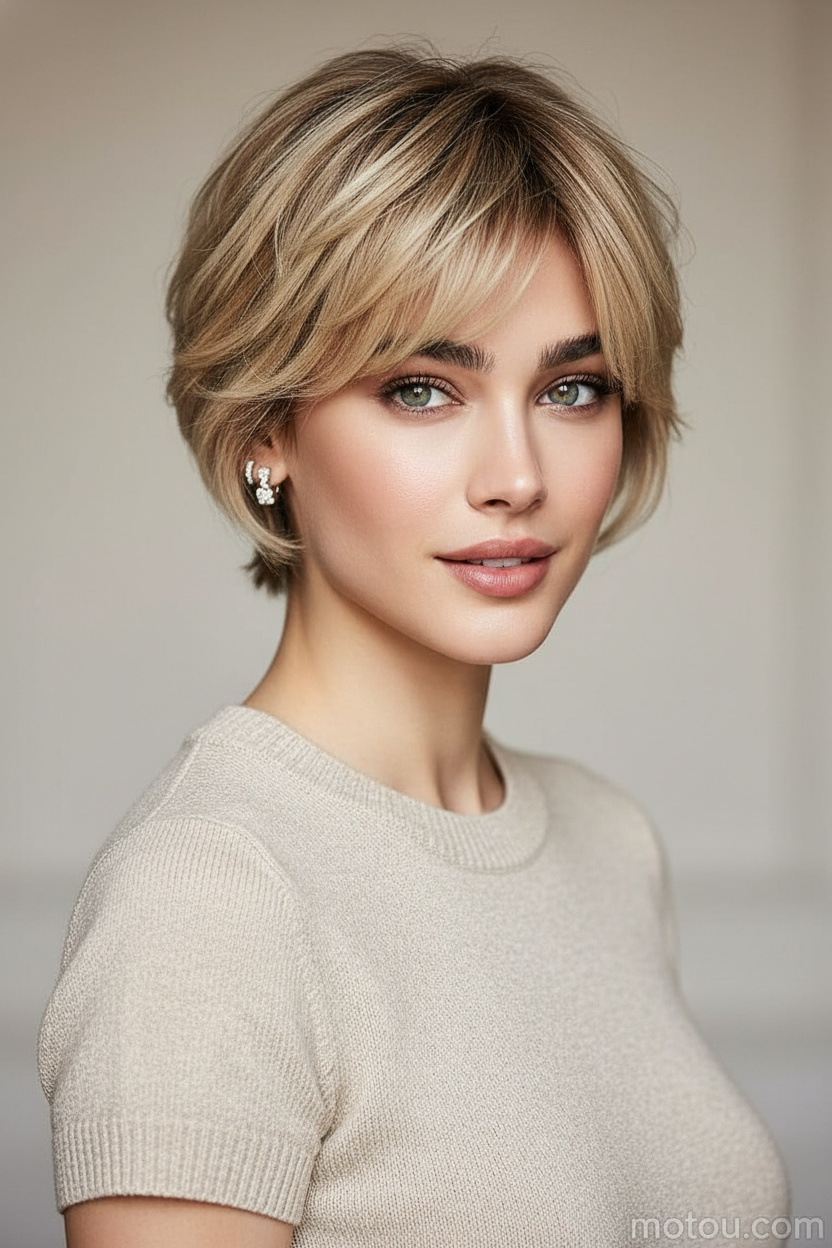 Oberkörperporträt einer Frau mit einer champagnerblonden Übergangs-Pixie-Frisur, Kristallstecker-Ohrringen, einem luxuriösen Sommer-Strickoberteil, einem sanften, neutralen Hintergrund und einem eleganten Lächeln.