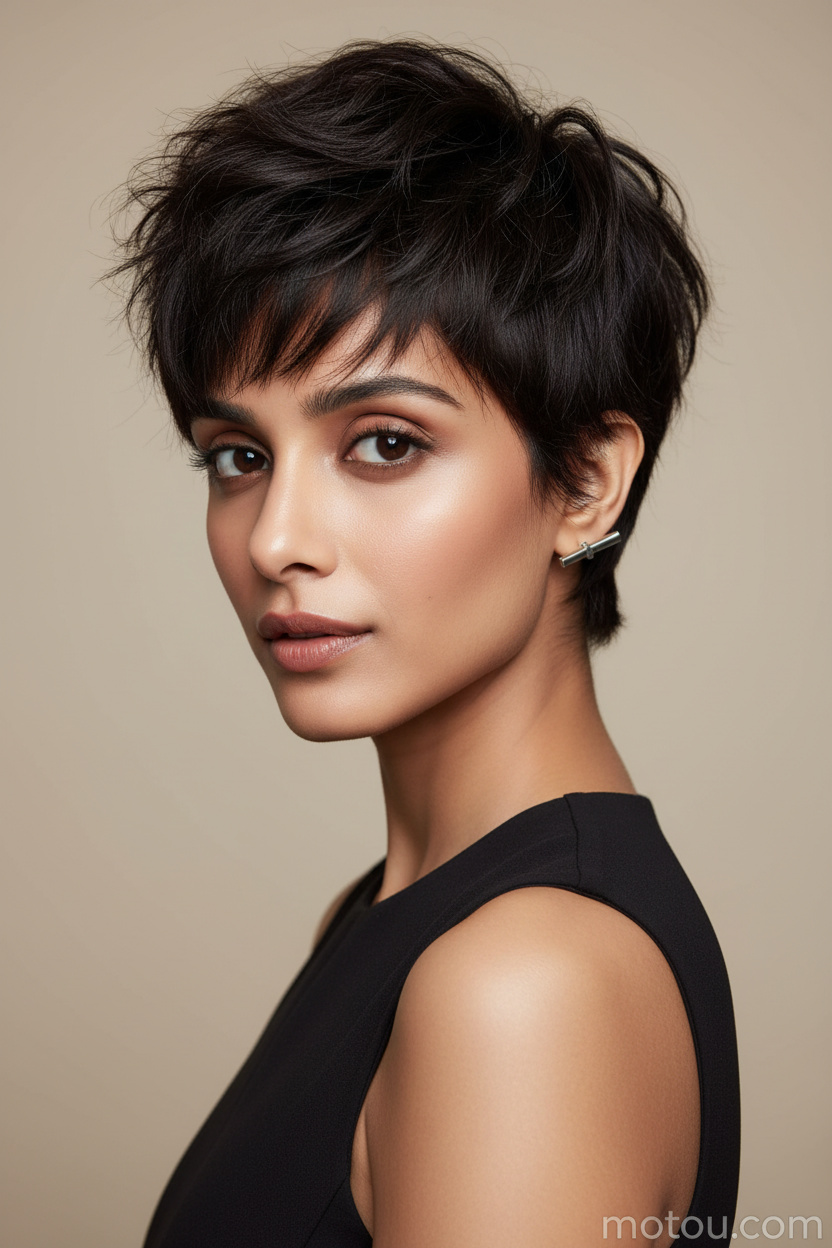 Upper-body hairstyle close-up of a female model with a smoky brunette edgy shaggy pixie haircut, silver bar stud earrings, modern sleeveless fashion outfit, minimalist beige background, strong eye contact and confident pose.