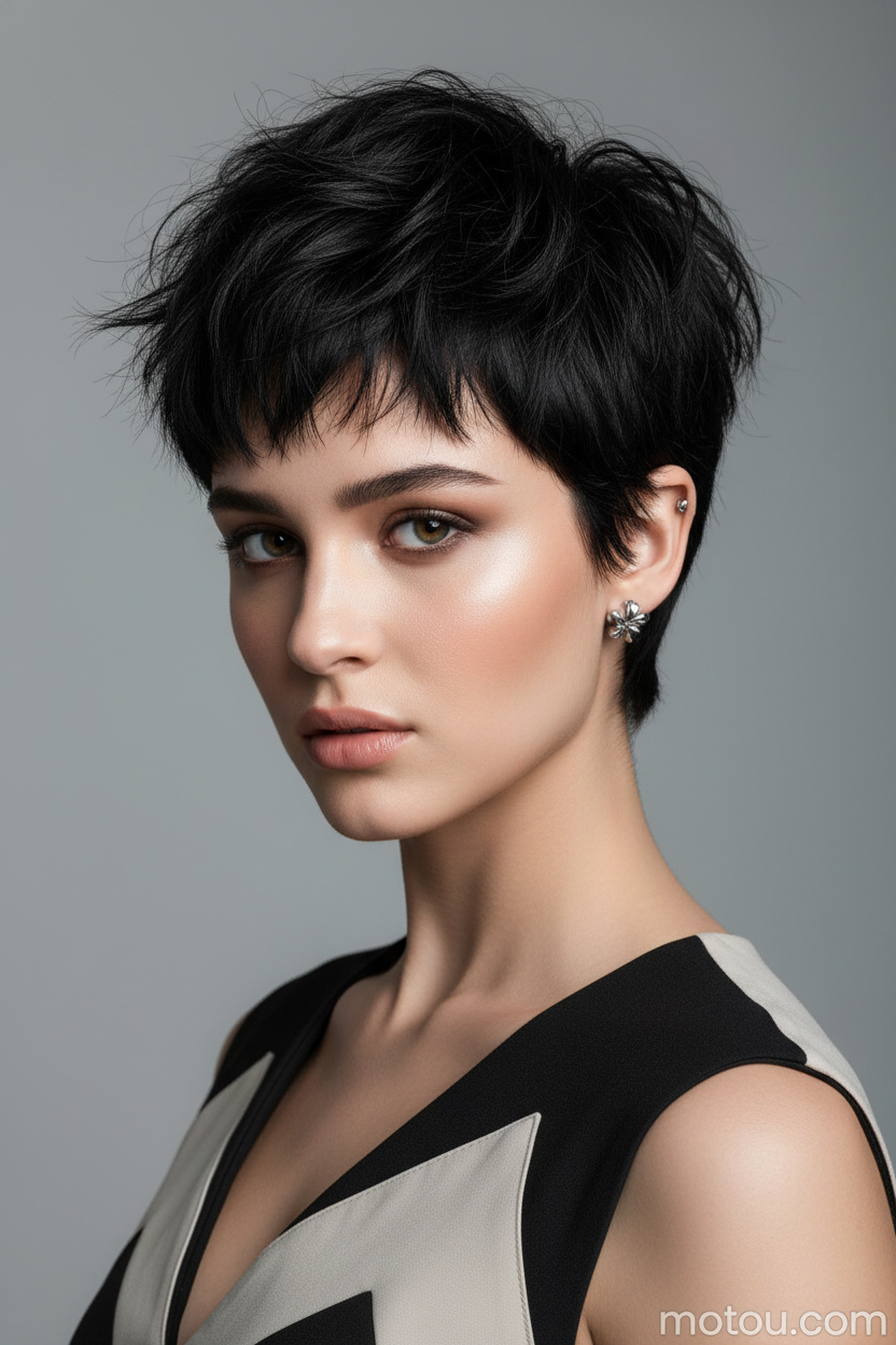 Upper-body hairstyle close-up of a female model with a jet black choppy shaggy pixie haircut, metallic stud earrings, futuristic summer fashion ensemble, minimalist studio backdrop, bold expression and fashion-forward attitude.