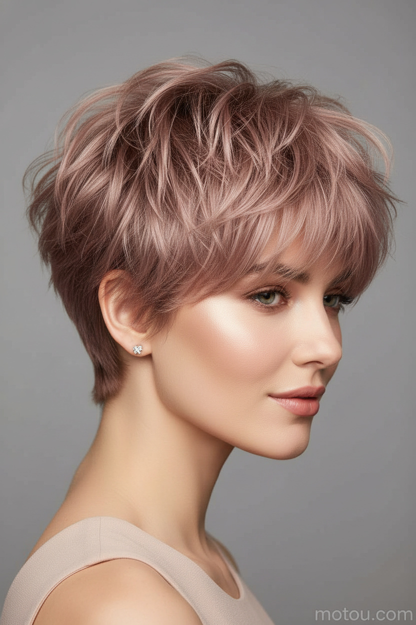 Upper-body hairstyle close-up of a female model with a rose gold shaggy pixie haircut, delicate silver stud earrings, chic sleeveless summer outfit, soft neutral background, elegant smile and relaxed posture.